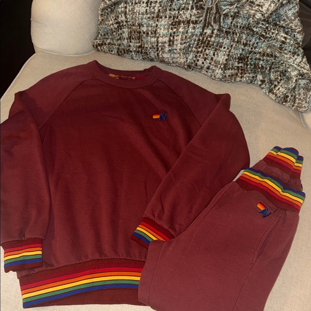 Aviator Nation Burgundy Sweatsuit  set with Rainbow Accents